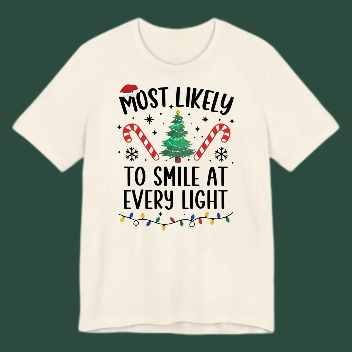 Most Likely To Smile At Every Light Christmas design with tree, candy canes, and lights.