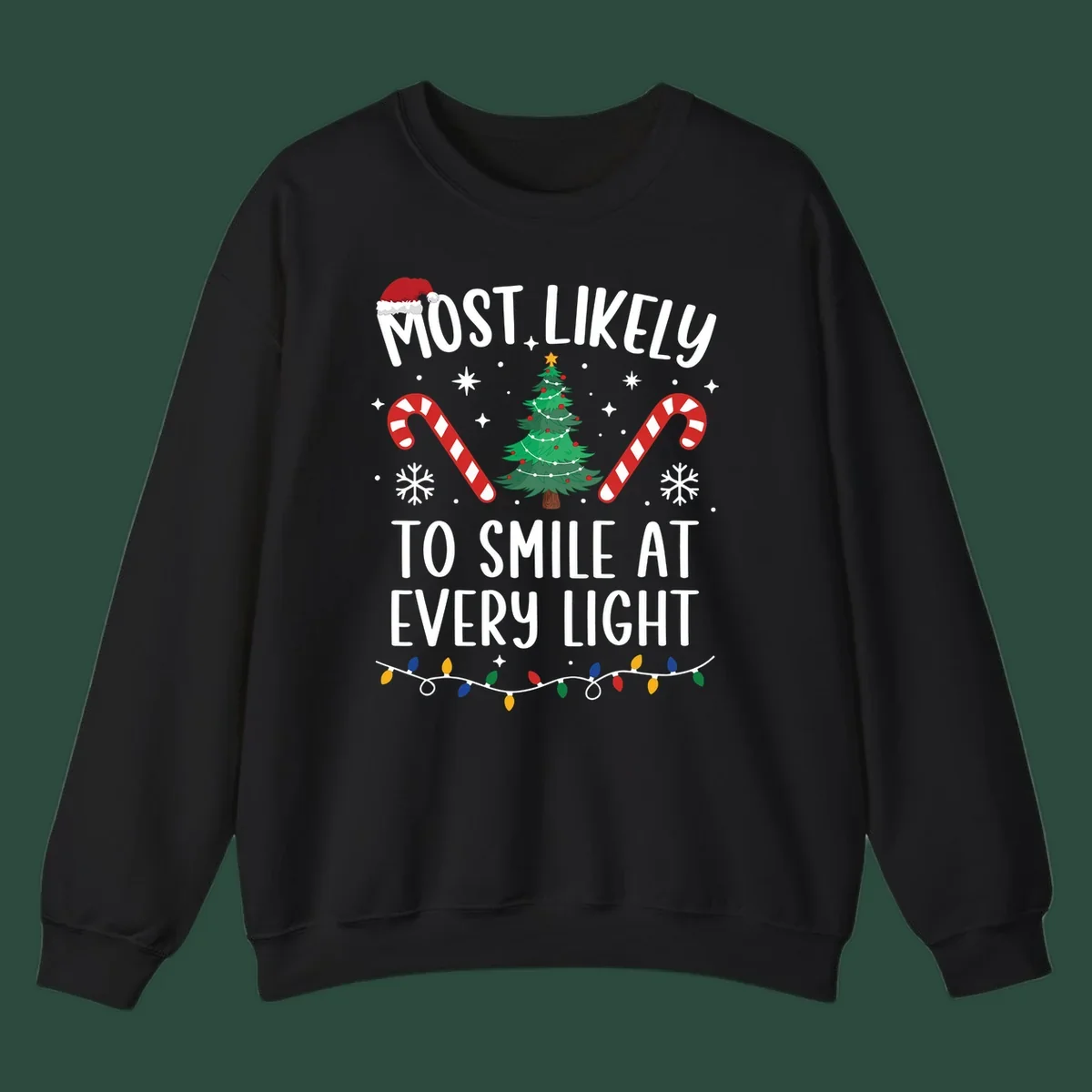 Most Likely To Smile At Every Light Christmas design with tree, candy canes, and lights.