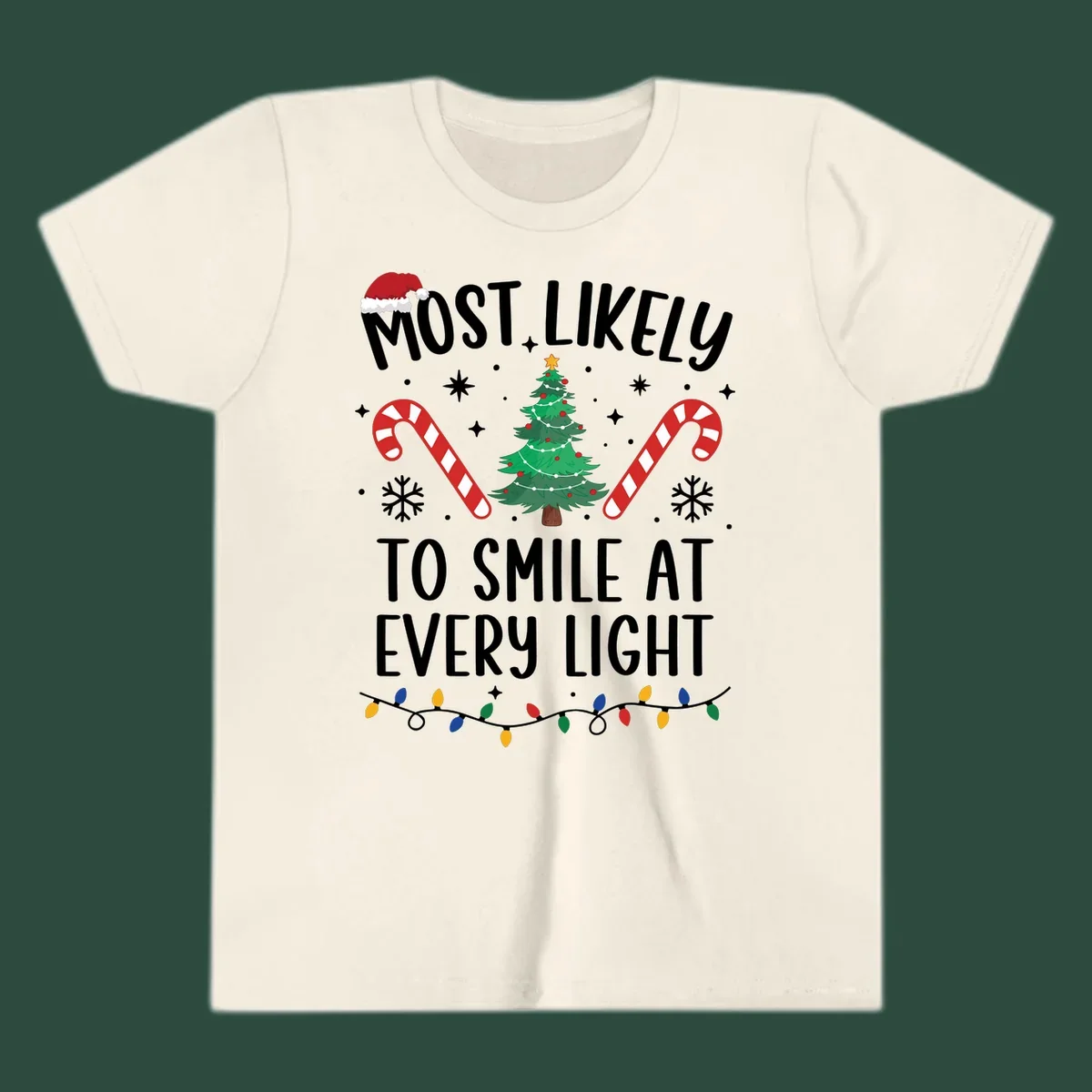 Most Likely To Smile At Every Light Christmas design with tree, candy canes, and lights.