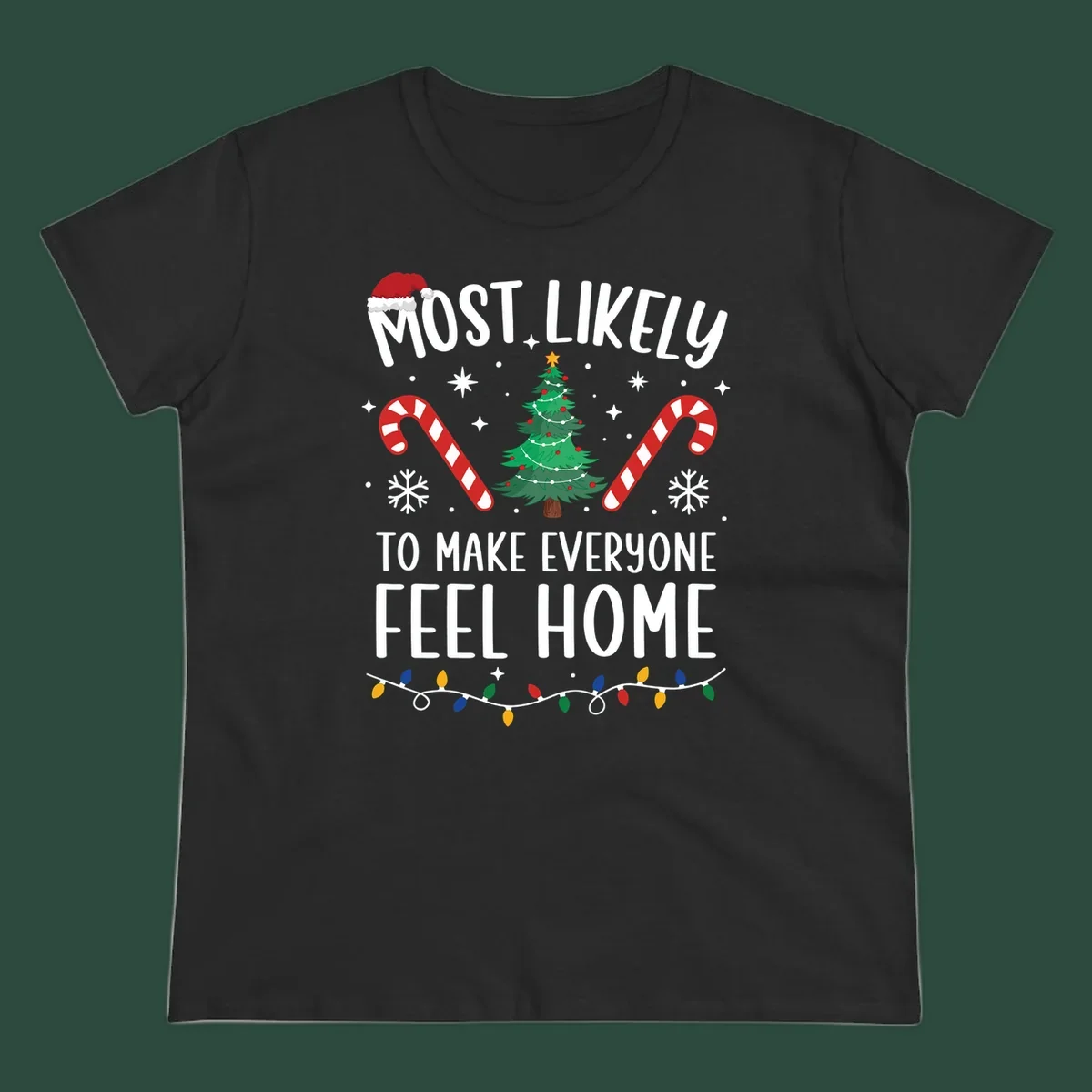 Most Likely To Make Everyone Feel Home Christmas design with Santa hat, tree, candy canes, and lights.
