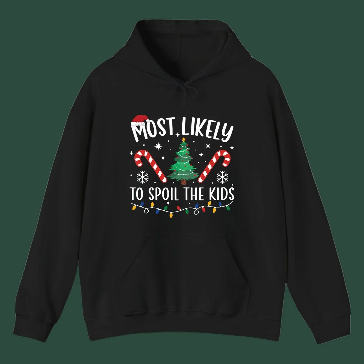 Most Likely To Spoil The Kids Christmas design with tree, candy canes, and Santa hat.