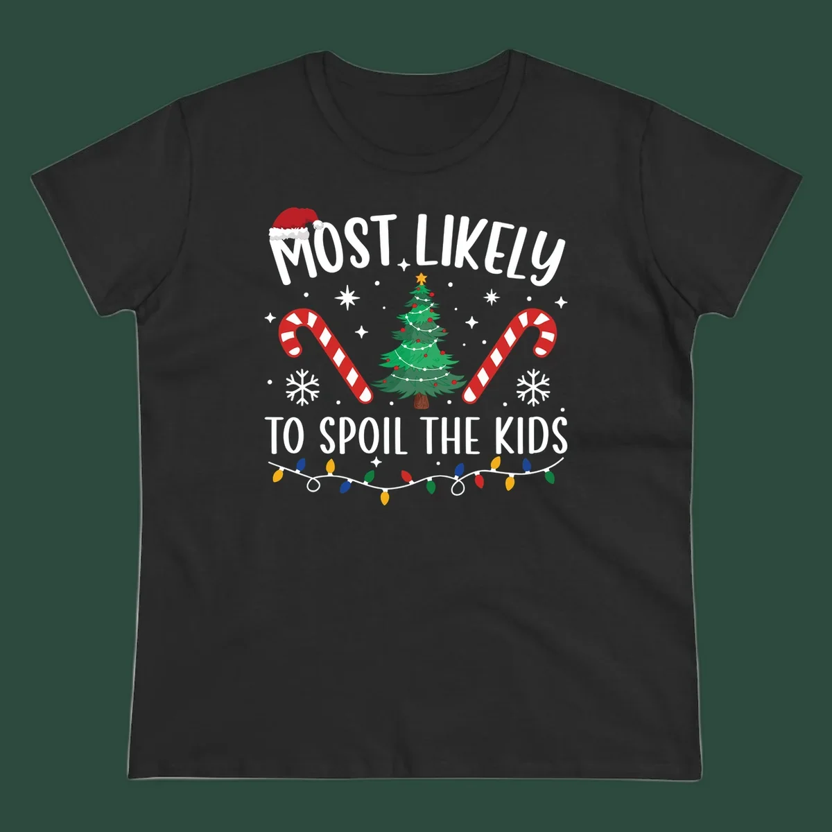 Most Likely To Spoil The Kids Christmas design with tree, candy canes, and Santa hat.