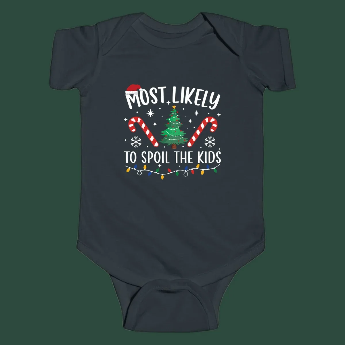Most Likely To Spoil The Kids Christmas design with tree, candy canes, and Santa hat.