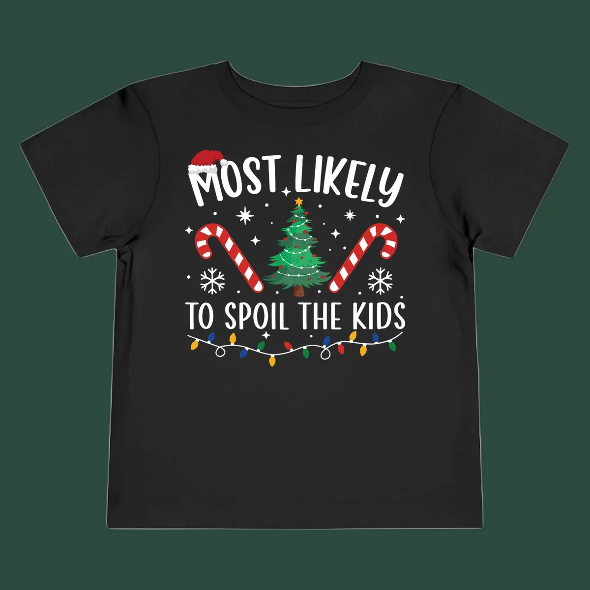 Most Likely To Spoil The Kids Christmas design with tree, candy canes, and Santa hat.
