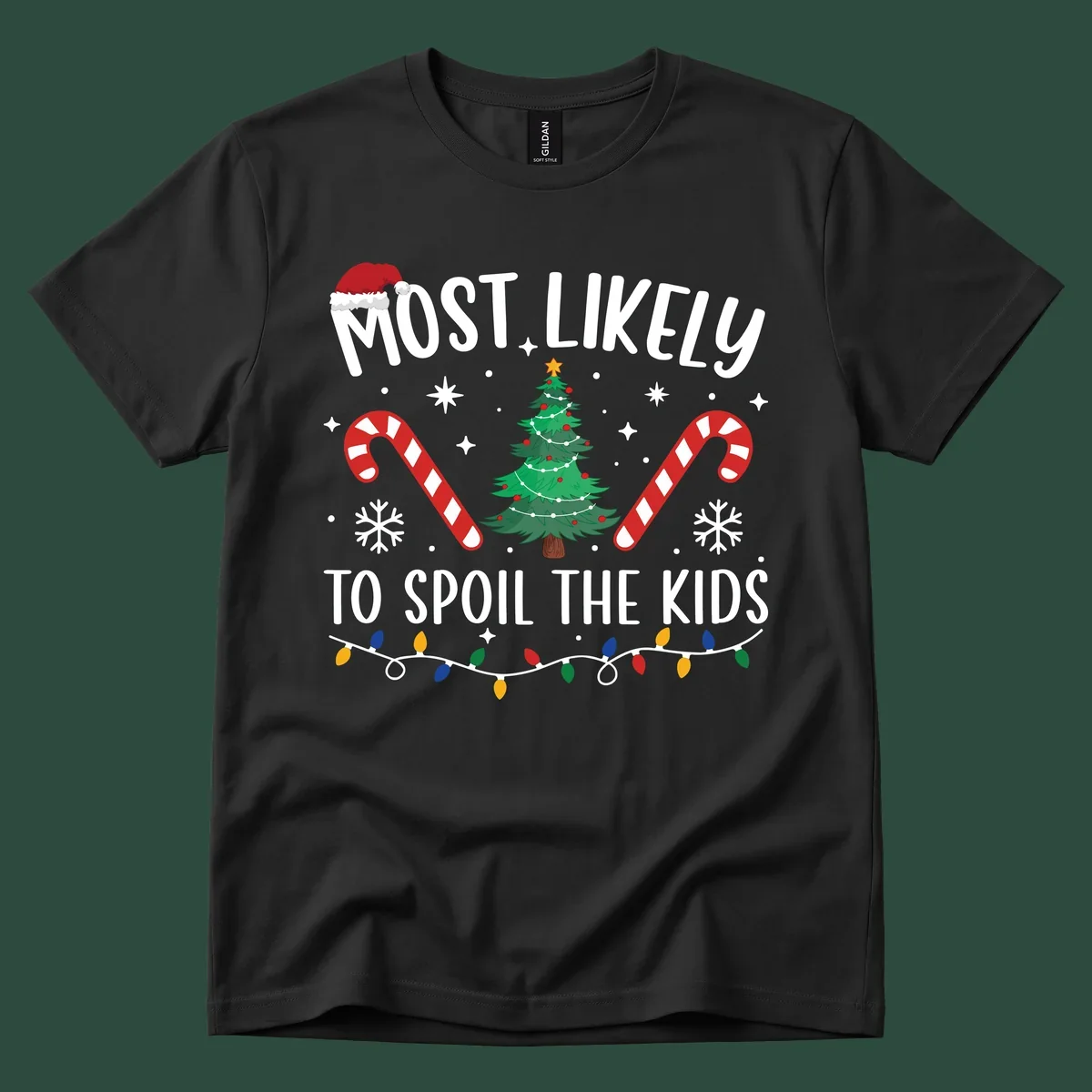 Most Likely To Spoil The Kids Christmas design with tree, candy canes, and Santa hat.