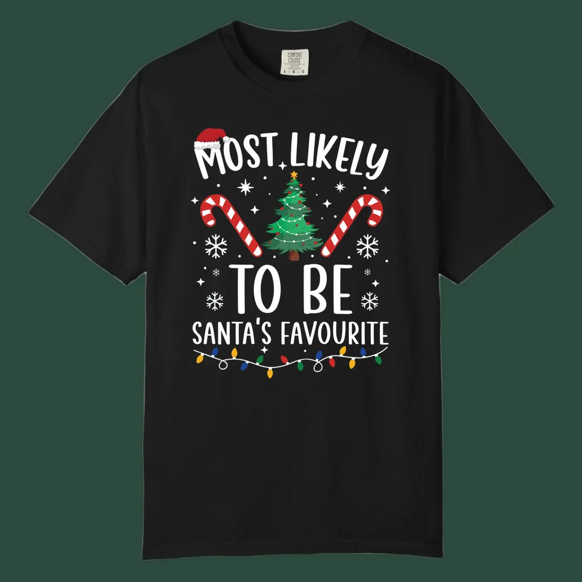 Most Likely To Be Santa's Favourite Christmas text design with Santa hat, tree, candy canes, snowflakes, and lights.