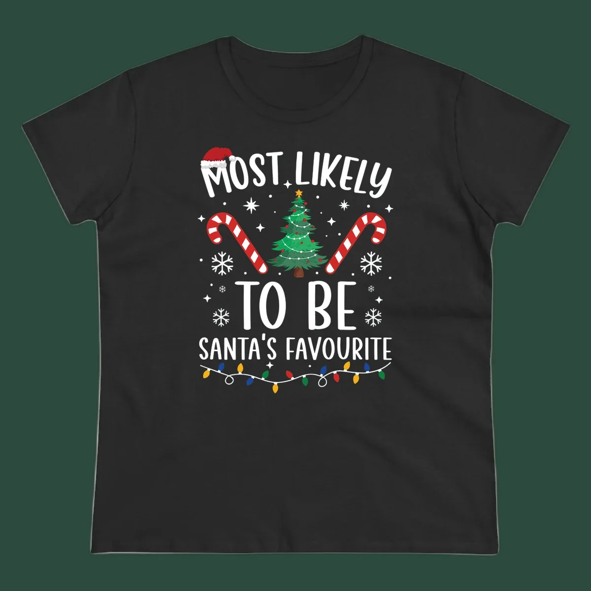 Most Likely To Be Santa's Favourite Christmas text design with Santa hat, tree, candy canes, snowflakes, and lights.