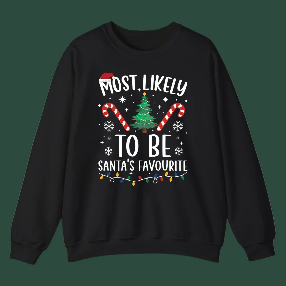 Most Likely To Be Santa's Favourite Christmas text design with Santa hat, tree, candy canes, snowflakes, and lights.