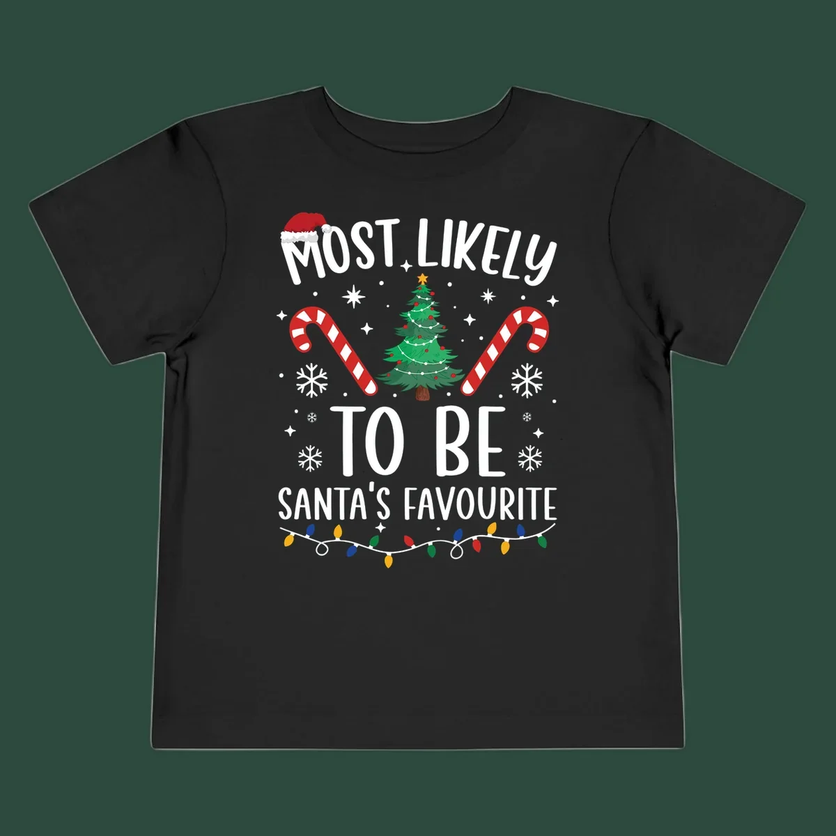 Most Likely To Be Santa's Favourite Christmas text design with Santa hat, tree, candy canes, snowflakes, and lights.