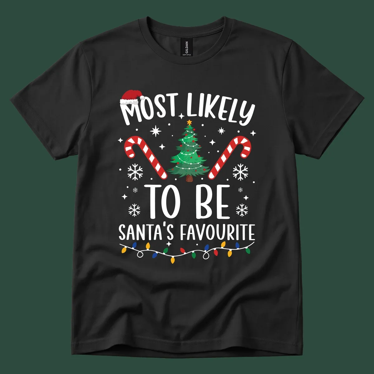 Most Likely To Be Santa's Favourite Christmas text design with Santa hat, tree, candy canes, snowflakes, and lights.
