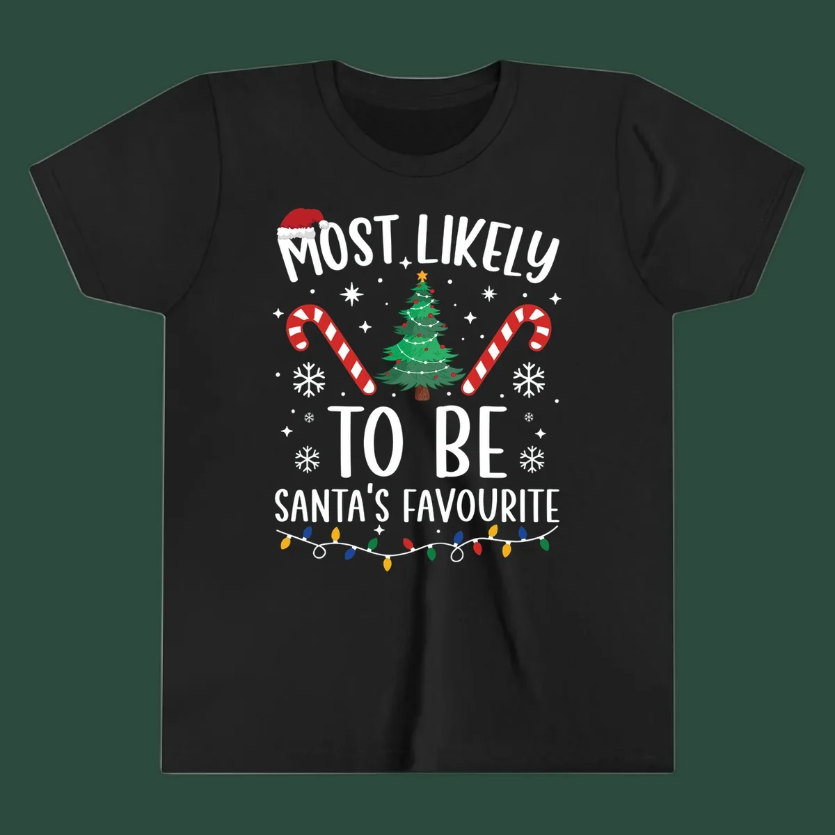 Most Likely To Be Santa's Favourite Christmas text design with Santa hat, tree, candy canes, snowflakes, and lights.