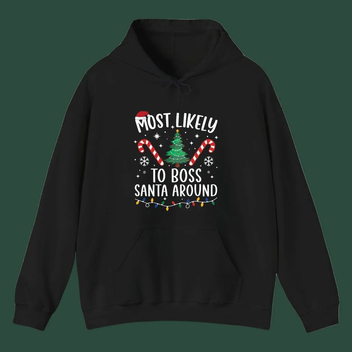 Most Likely To Boss Santa Around Christmas design with text, Santa hat, tree, candy canes, and lights.