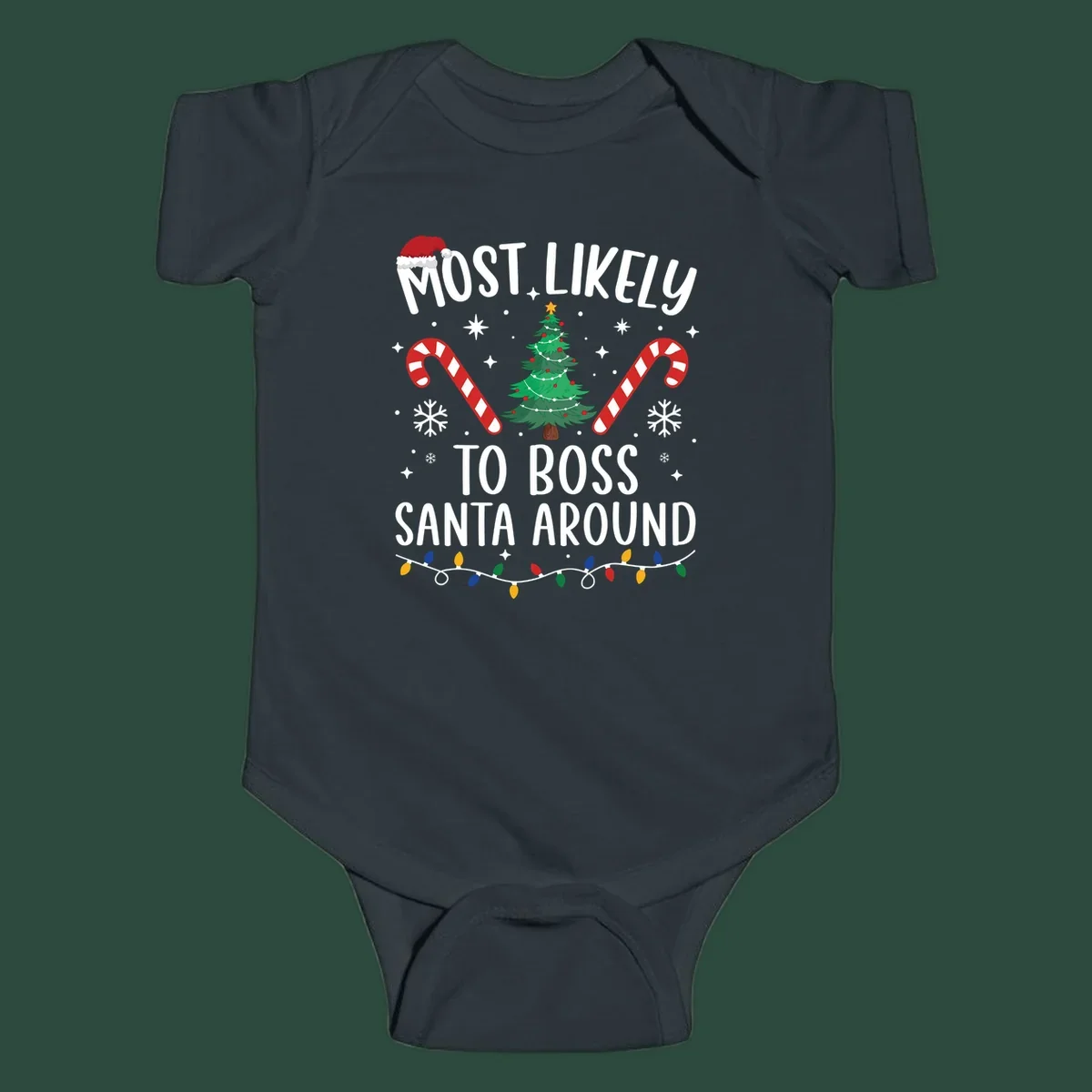 Most Likely To Boss Santa Around Christmas design with text, Santa hat, tree, candy canes, and lights.