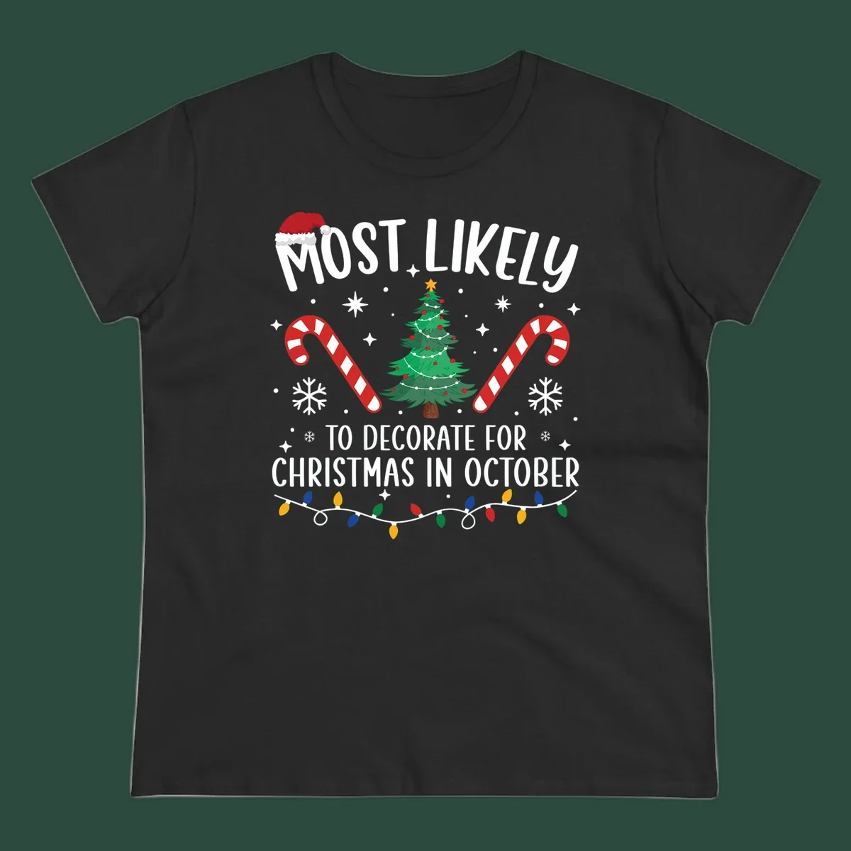 Most Likely To Decorate For Christmas In October text with Christmas tree, candy canes, and Santa hat.