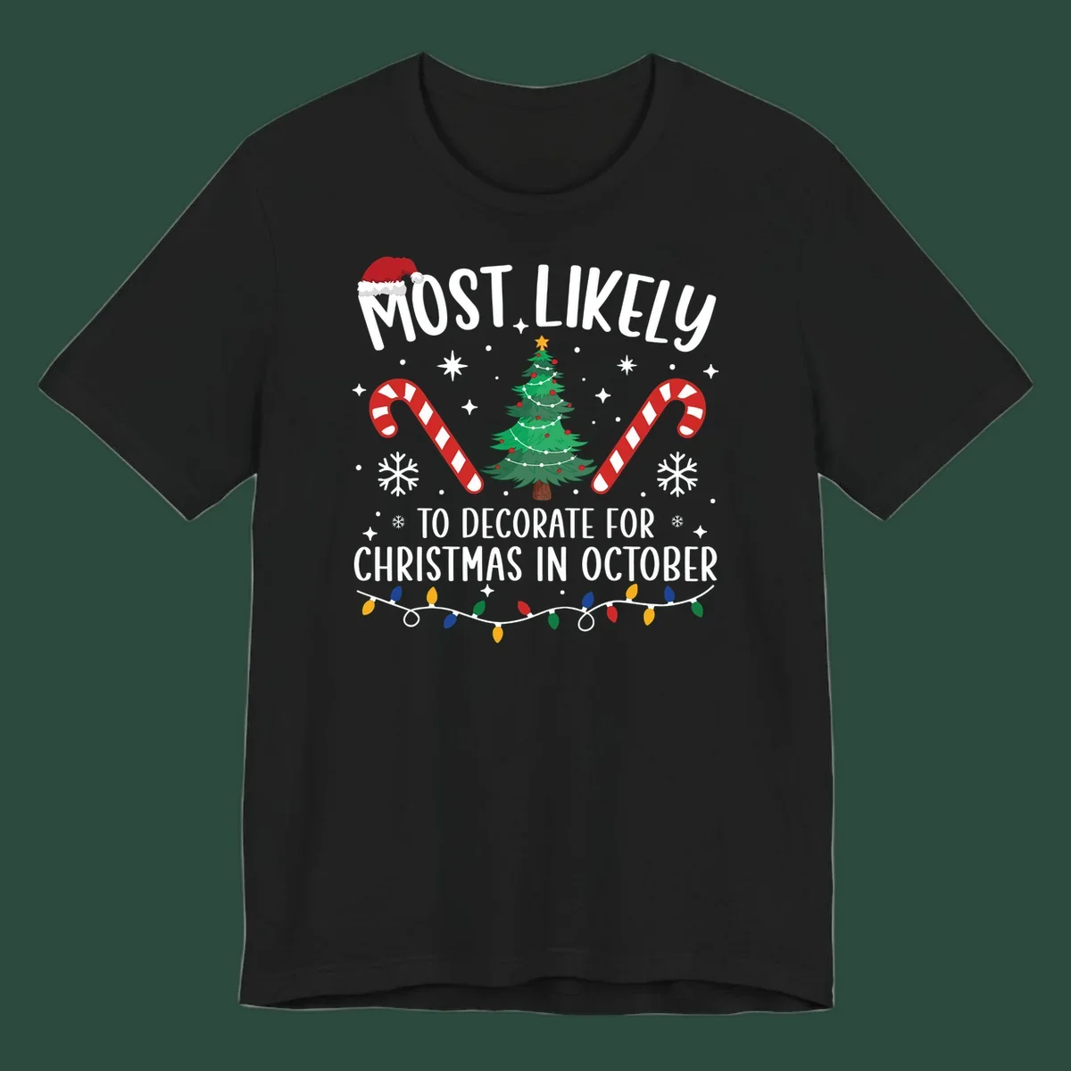 Most Likely To Decorate For Christmas In October text with Christmas tree, candy canes, and Santa hat.