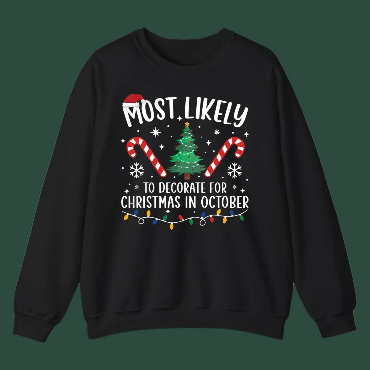 Most Likely To Decorate For Christmas In October text with Christmas tree, candy canes, and Santa hat.