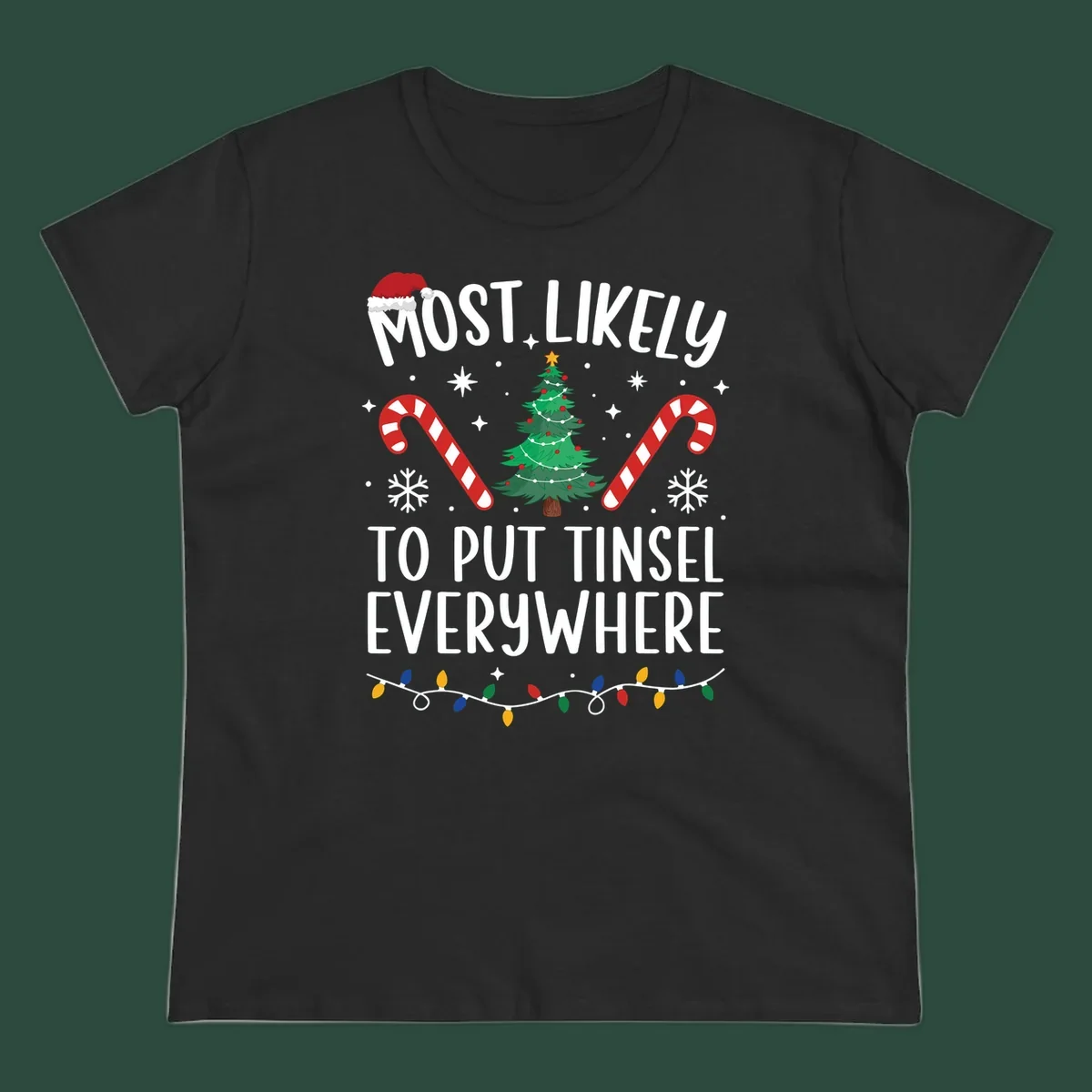 Most likely to put tinsel everywhere Christmas design with tree, candy canes, and lights.