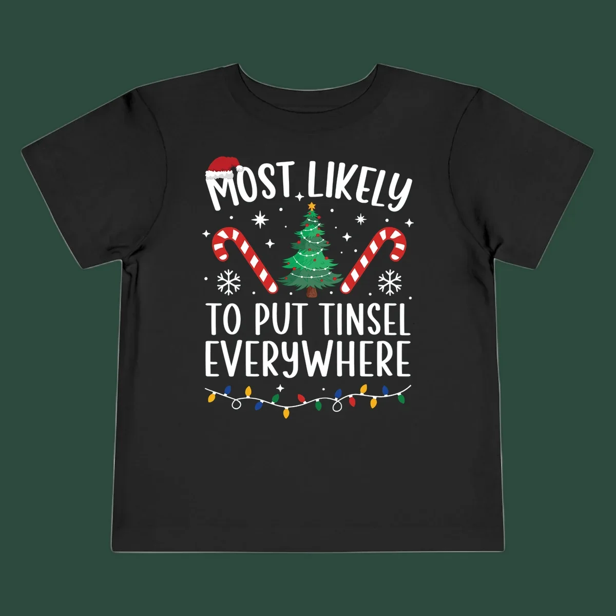Most likely to put tinsel everywhere Christmas design with tree, candy canes, and lights.