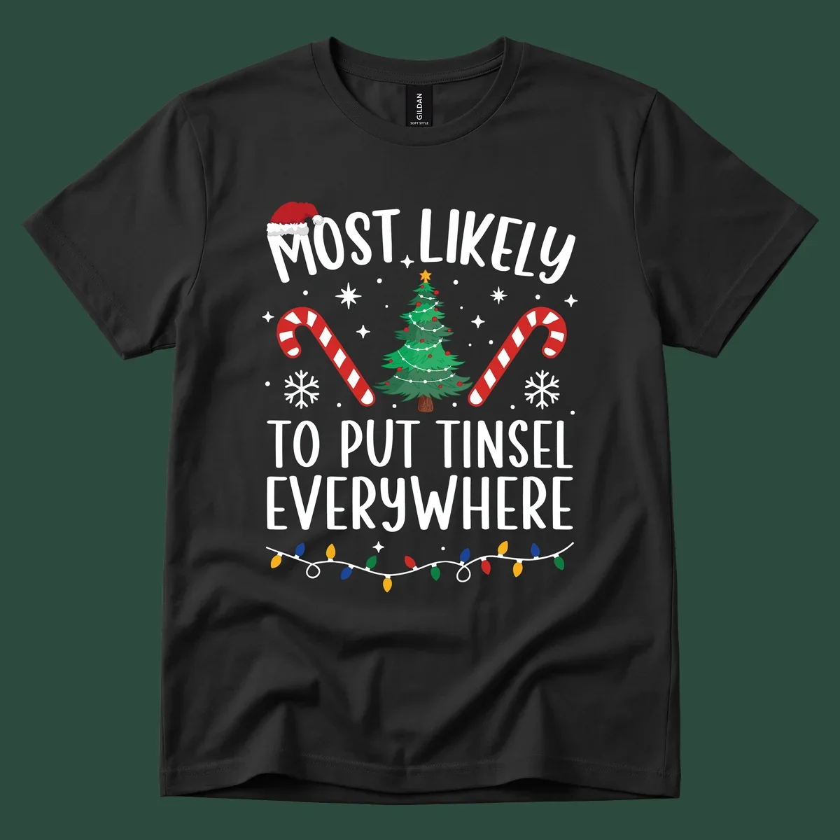 Most likely to put tinsel everywhere Christmas design with tree, candy canes, and lights.