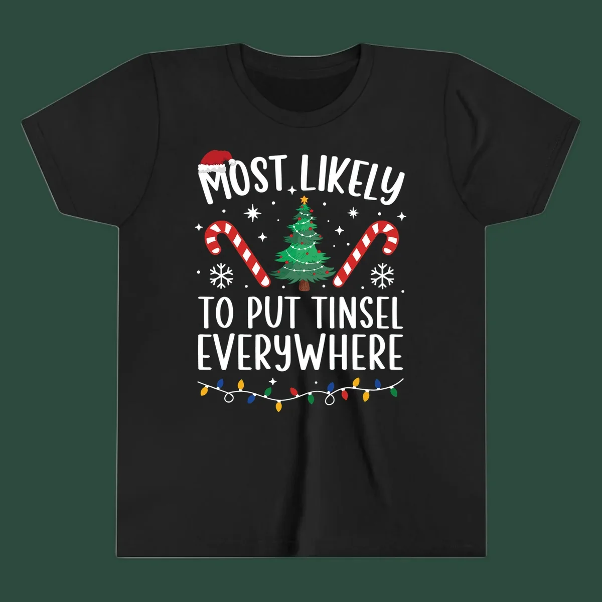 Most likely to put tinsel everywhere Christmas design with tree, candy canes, and lights.