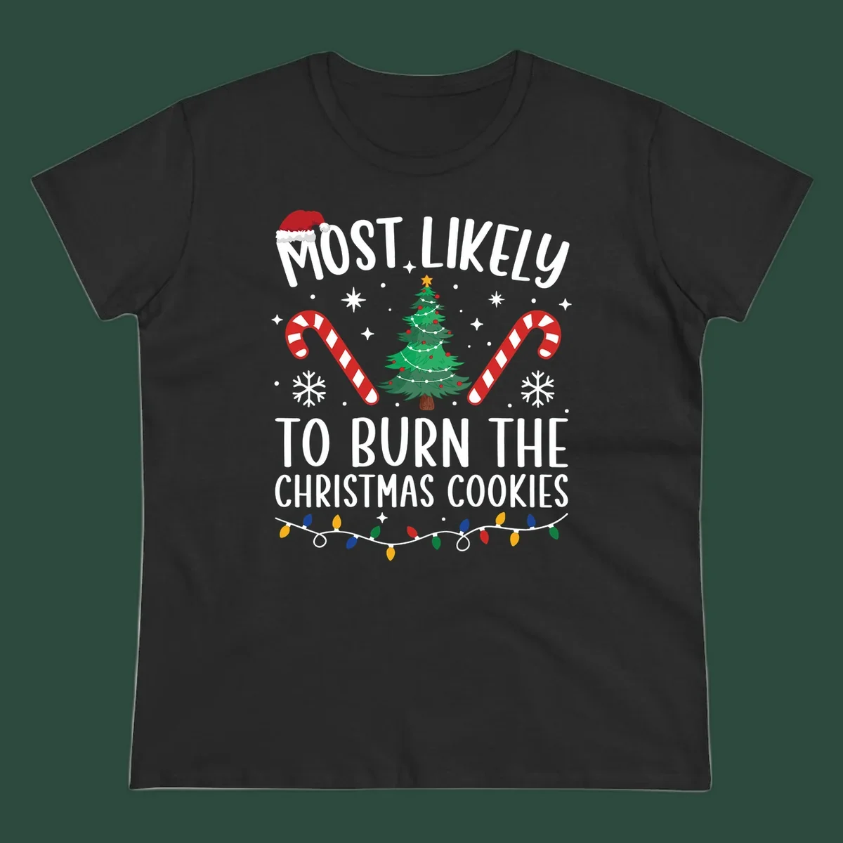 Most likely to burn Christmas Cookies text with Santa hat, Christmas tree, candy canes, snowflakes, stars, and lights. Christmas baking humor.