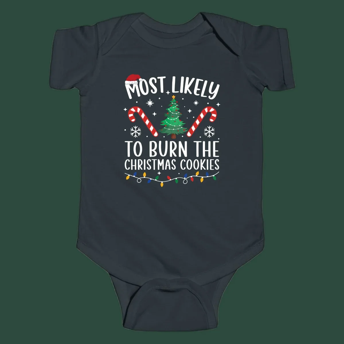 Most likely to burn Christmas Cookies text with Santa hat, Christmas tree, candy canes, snowflakes, stars, and lights. Christmas baking humor.