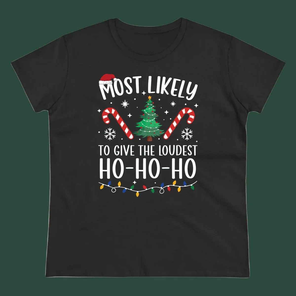 Most Likely To Give Loudest Ho-Ho-Ho Christmas design with tree, candy canes, and Santa hat.