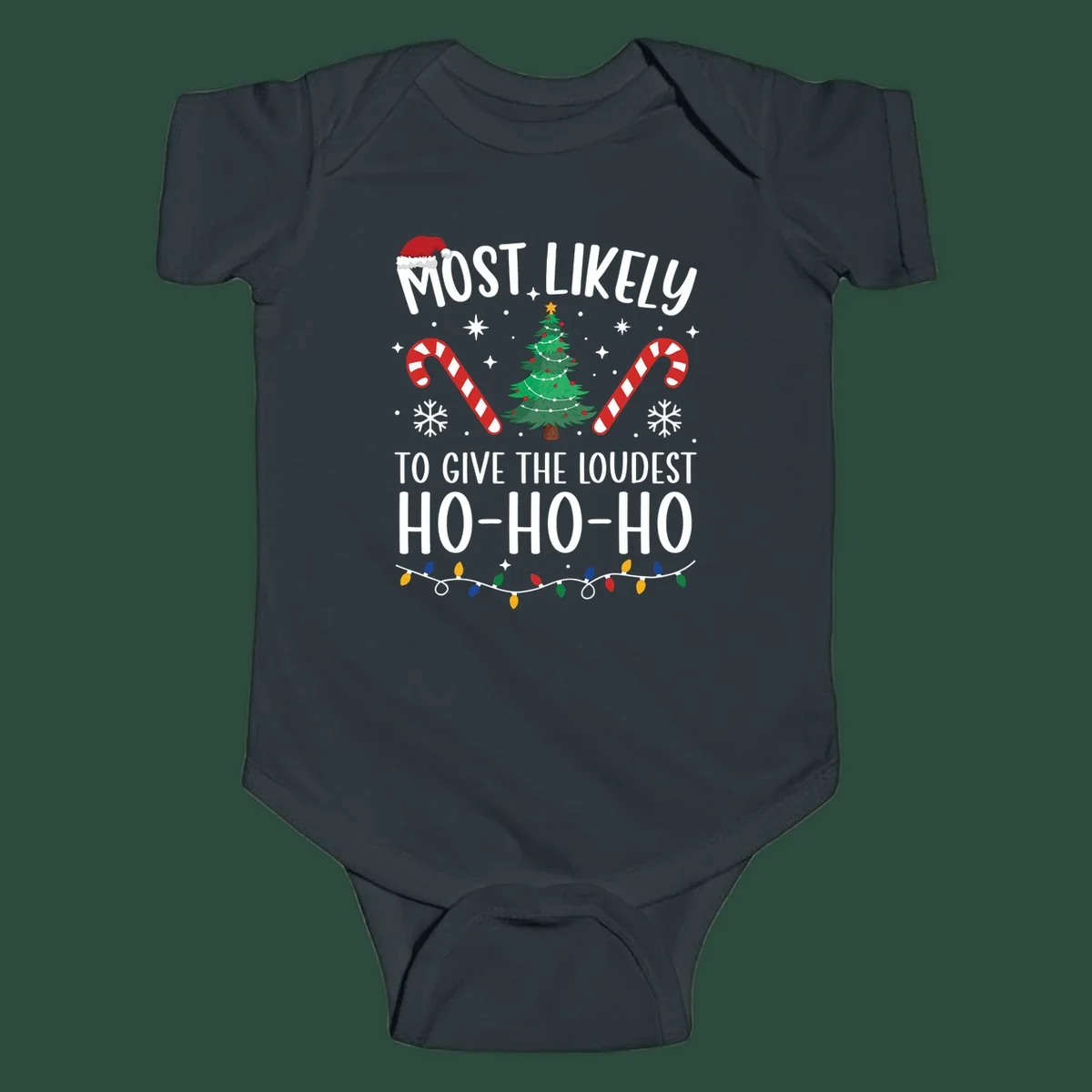 Most Likely To Give Loudest Ho-Ho-Ho Christmas design with tree, candy canes, and Santa hat.