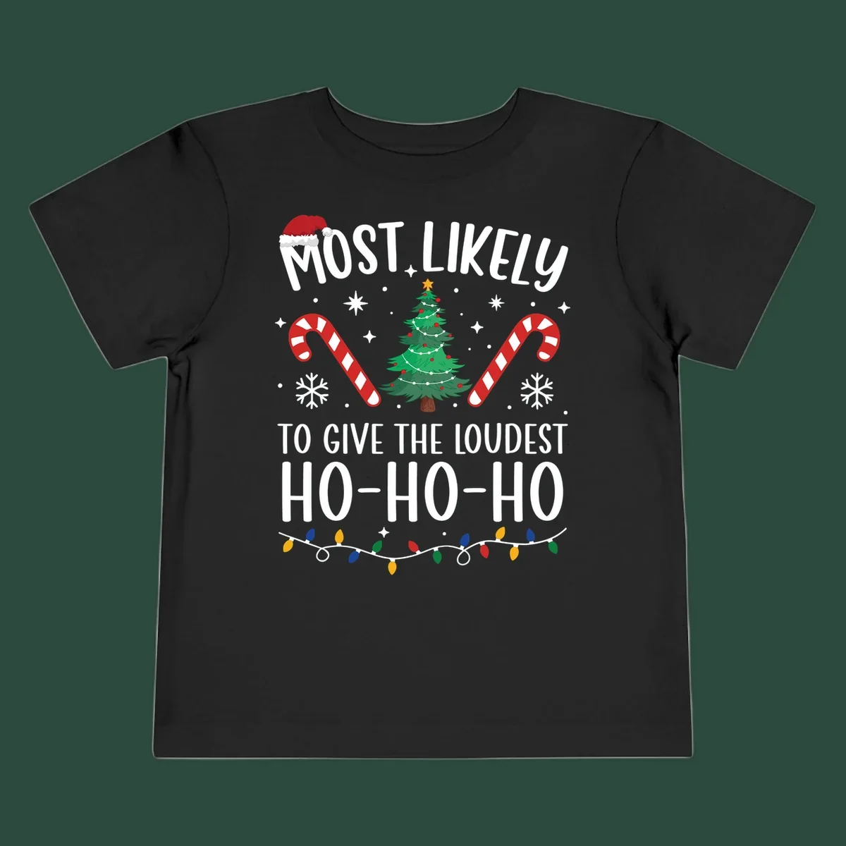 Most Likely To Give Loudest Ho-Ho-Ho Christmas design with tree, candy canes, and Santa hat.