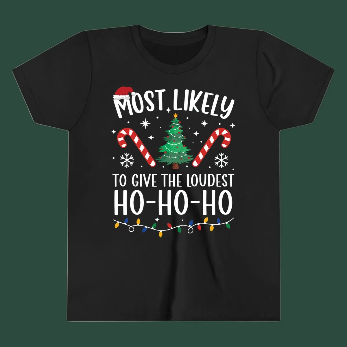 Most Likely To Give Loudest Ho-Ho-Ho Christmas design with tree, candy canes, and Santa hat.