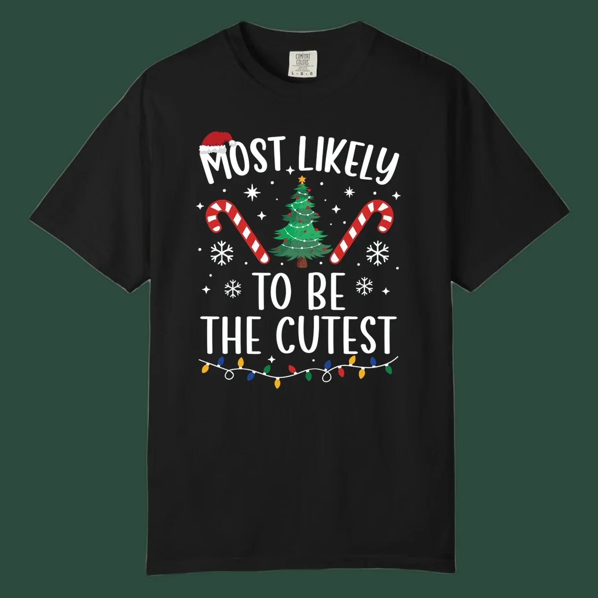 Most Likely To Be The Cutest Christmas Crew text with festive holiday graphics like a Christmas tree and Santa hat.