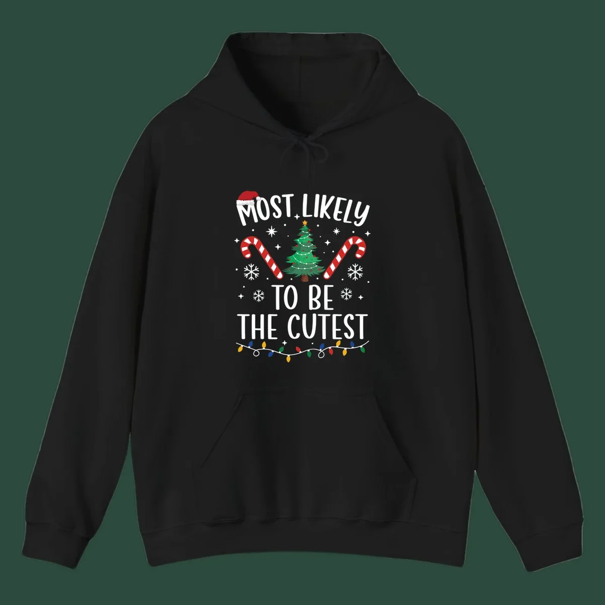 Most Likely To Be The Cutest Christmas Crew text with festive holiday graphics like a Christmas tree and Santa hat.