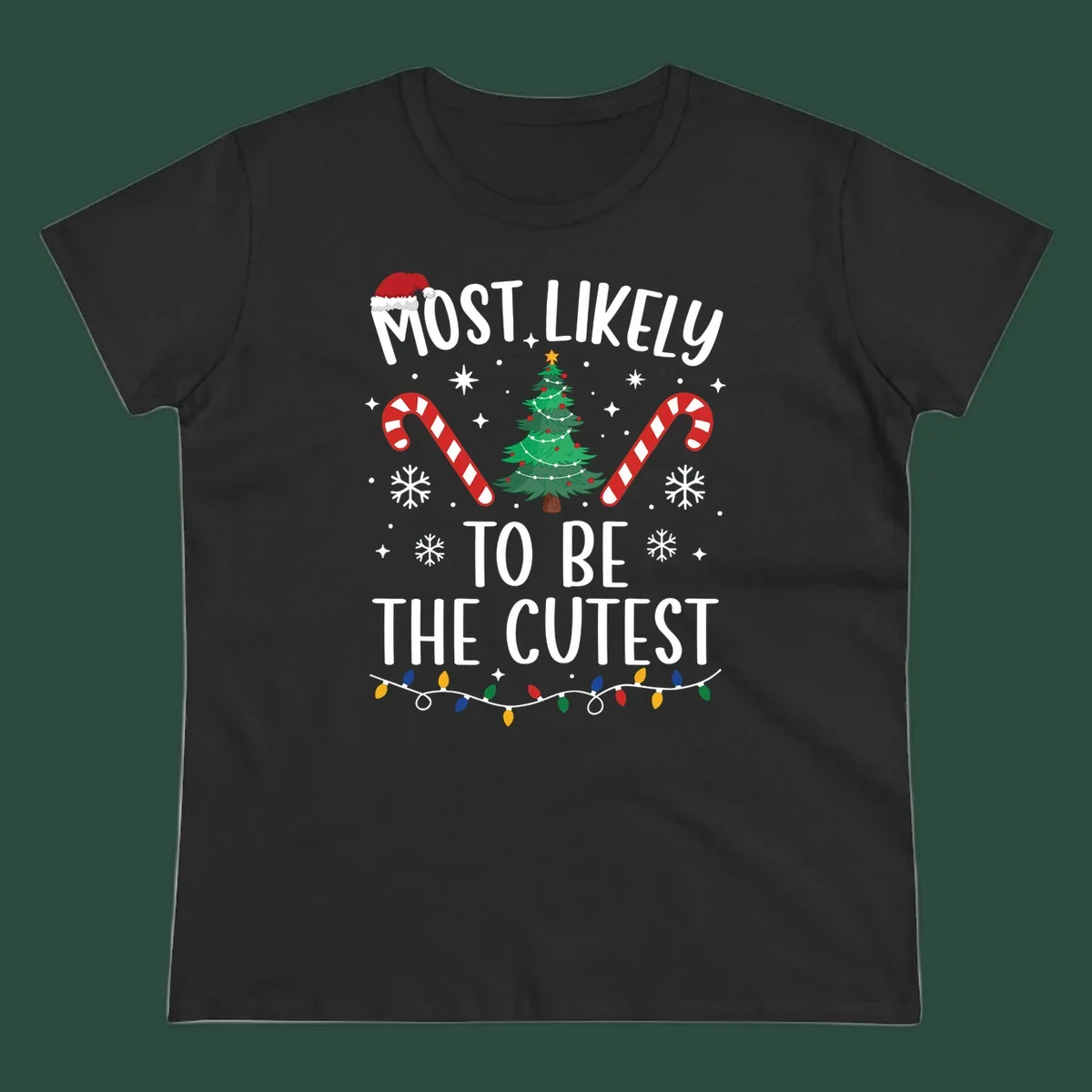 Most Likely To Be The Cutest Christmas Crew text with festive holiday graphics like a Christmas tree and Santa hat.