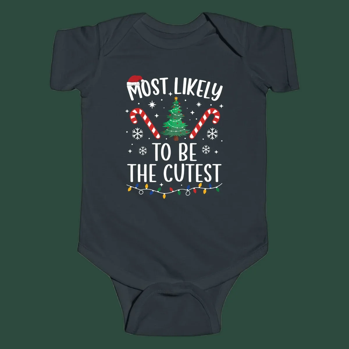 Most Likely To Be The Cutest Christmas Crew text with festive holiday graphics like a Christmas tree and Santa hat.