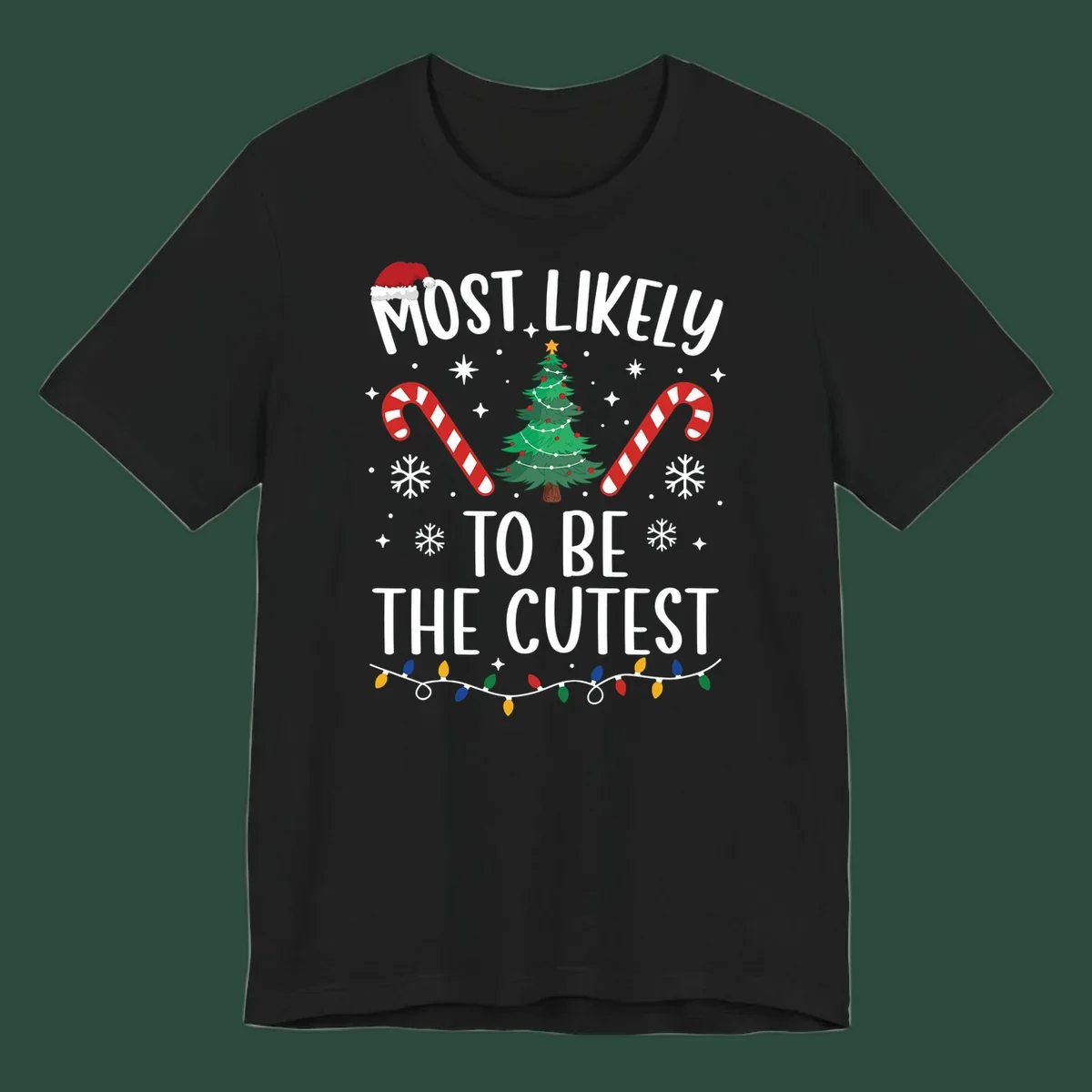 Most Likely To Be The Cutest Christmas Crew text with festive holiday graphics like a Christmas tree and Santa hat.