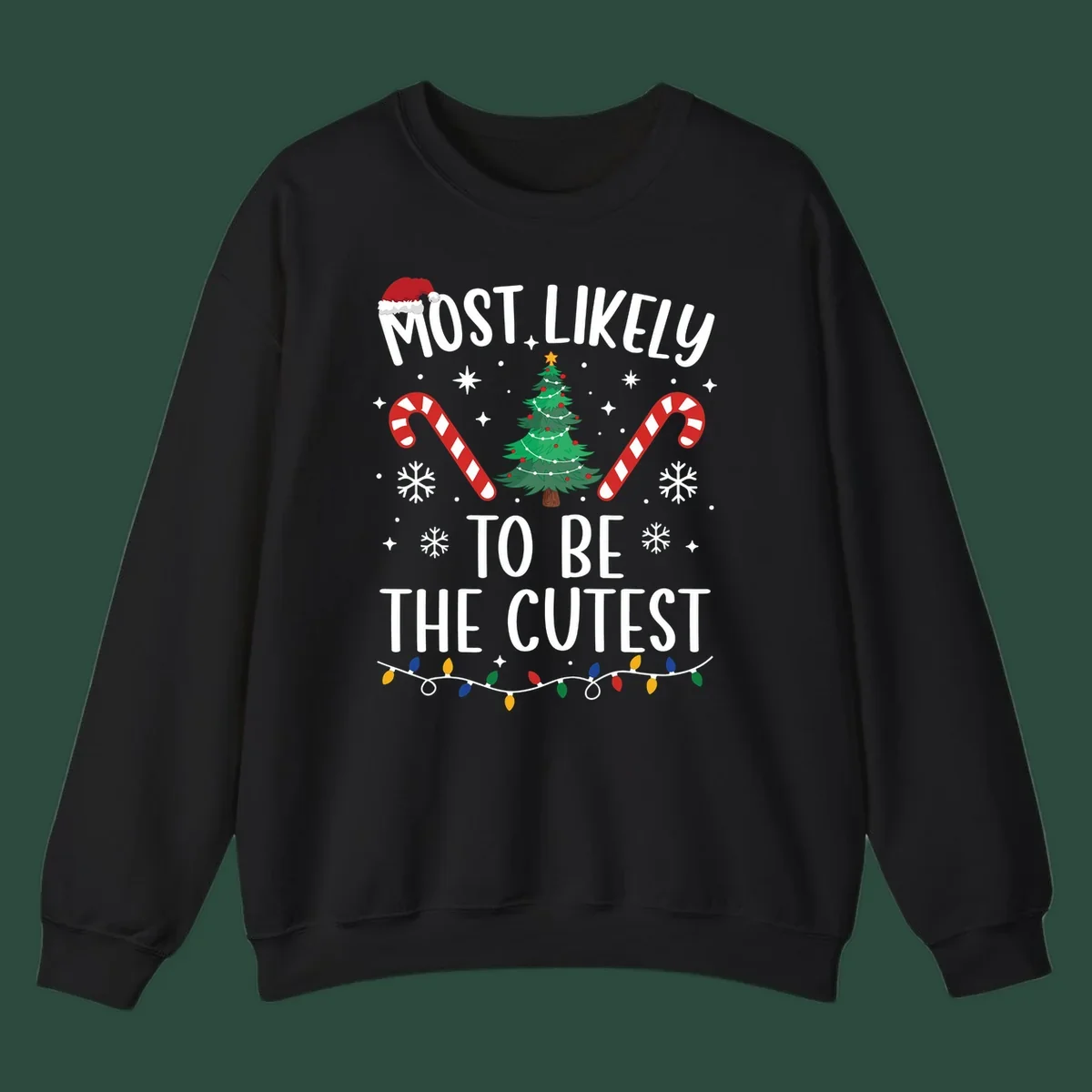 Most Likely To Be The Cutest Christmas Crew text with festive holiday graphics like a Christmas tree and Santa hat.