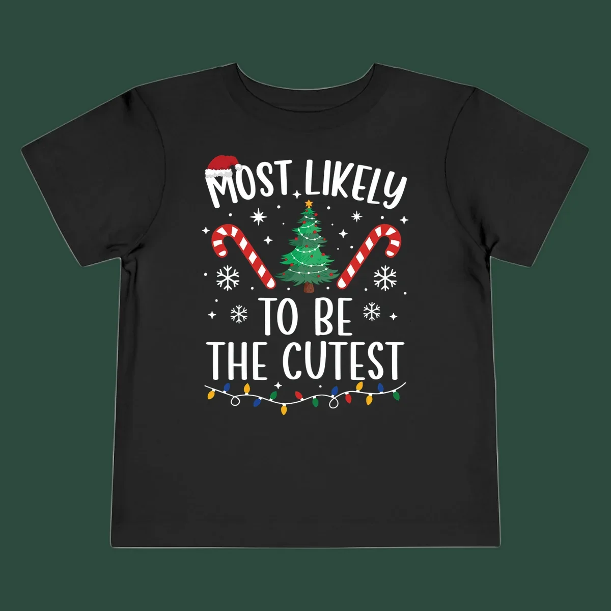 Most Likely To Be The Cutest Christmas Crew text with festive holiday graphics like a Christmas tree and Santa hat.