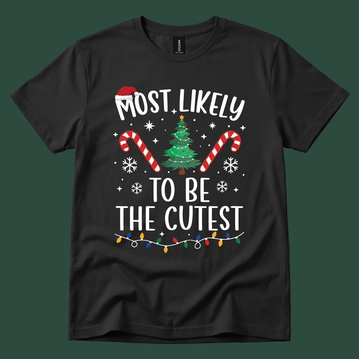 Most Likely To Be The Cutest Christmas Crew text with festive holiday graphics like a Christmas tree and Santa hat.