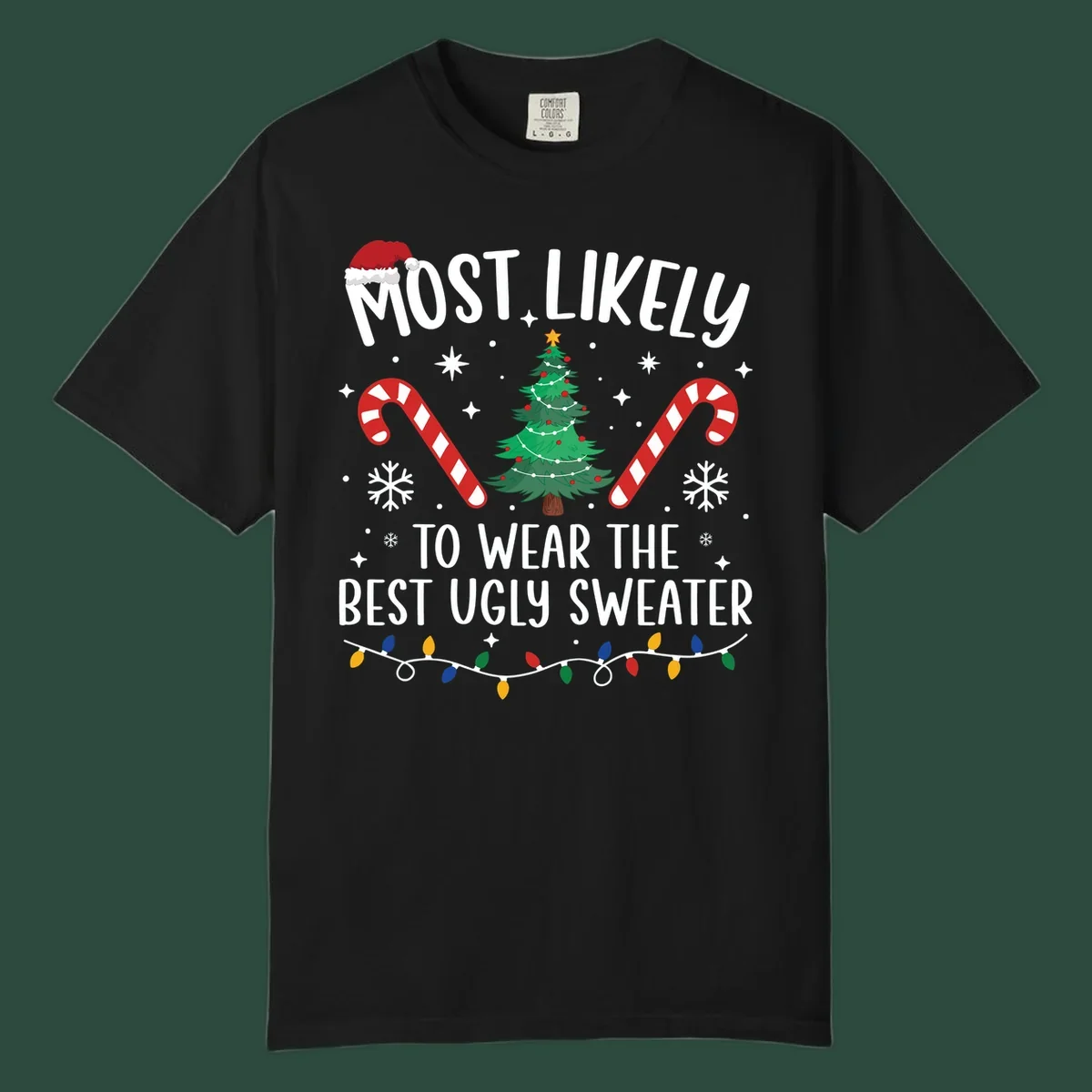 Most likely to wear the best ugly sweater text with Christmas tree, candy canes, and festive decorations.