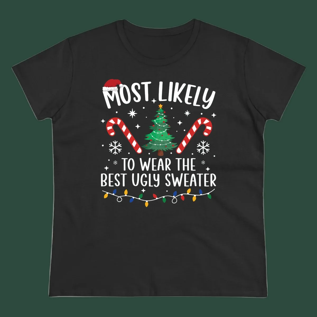 Most likely to wear the best ugly sweater text with Christmas tree, candy canes, and festive decorations.