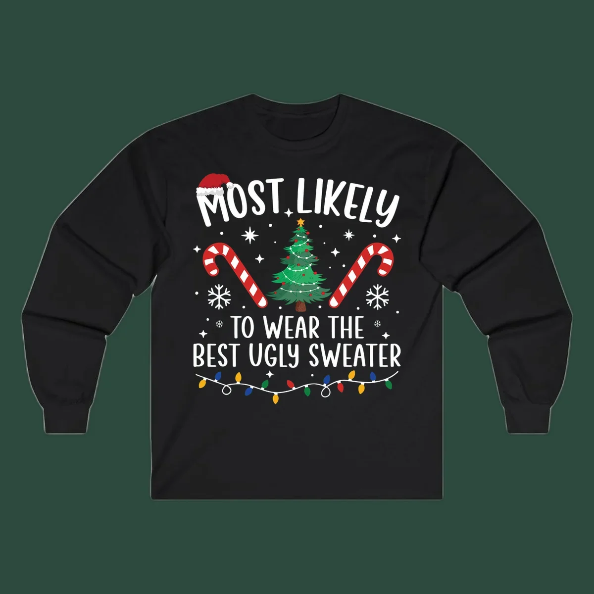 Most likely to wear the best ugly sweater text with Christmas tree, candy canes, and festive decorations.
