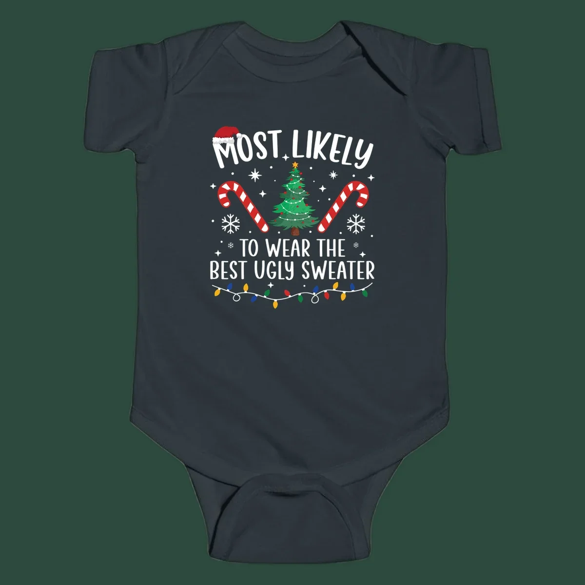 Most likely to wear the best ugly sweater text with Christmas tree, candy canes, and festive decorations.