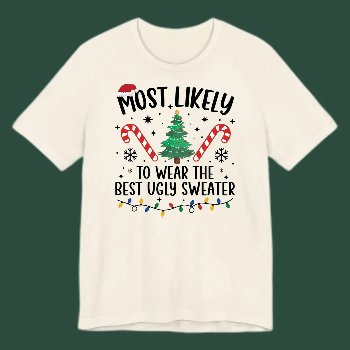Most likely to wear the best ugly sweater text with Christmas tree, candy canes, and festive decorations.