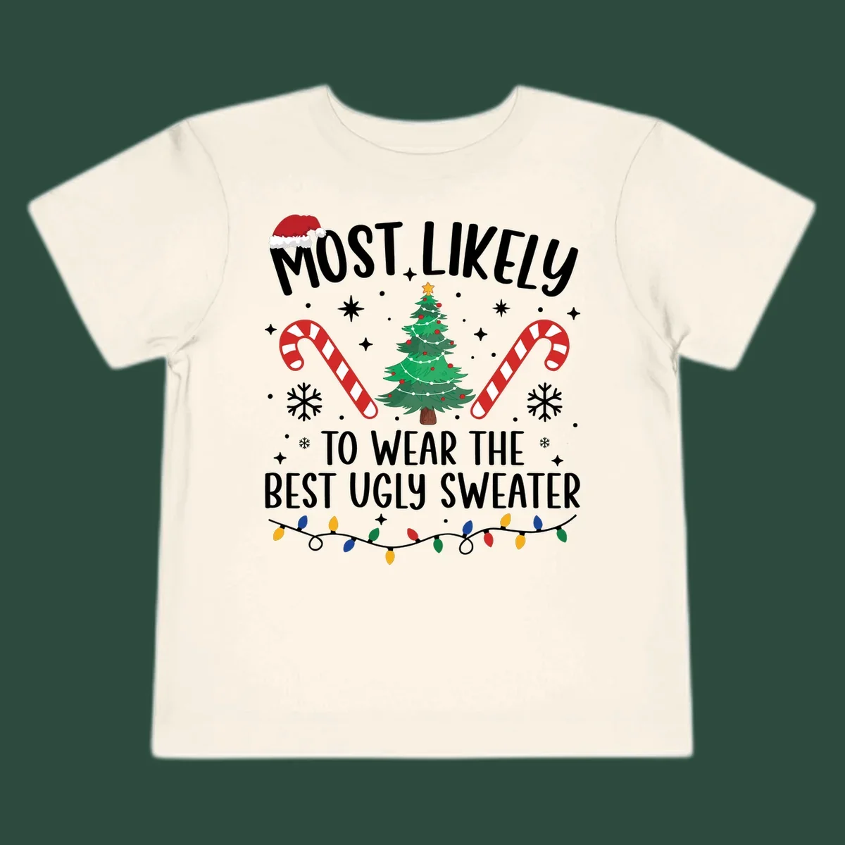 Most likely to wear the best ugly sweater text with Christmas tree, candy canes, and festive decorations.