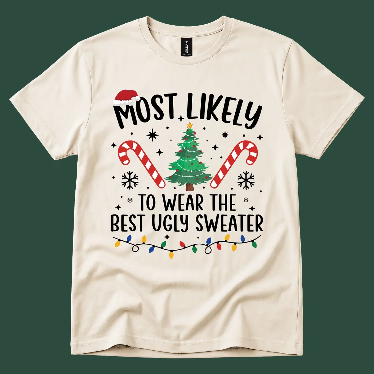 Most likely to wear the best ugly sweater text with Christmas tree, candy canes, and festive decorations.