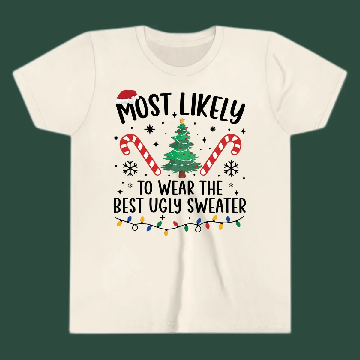 Most likely to wear the best ugly sweater text with Christmas tree, candy canes, and festive decorations.