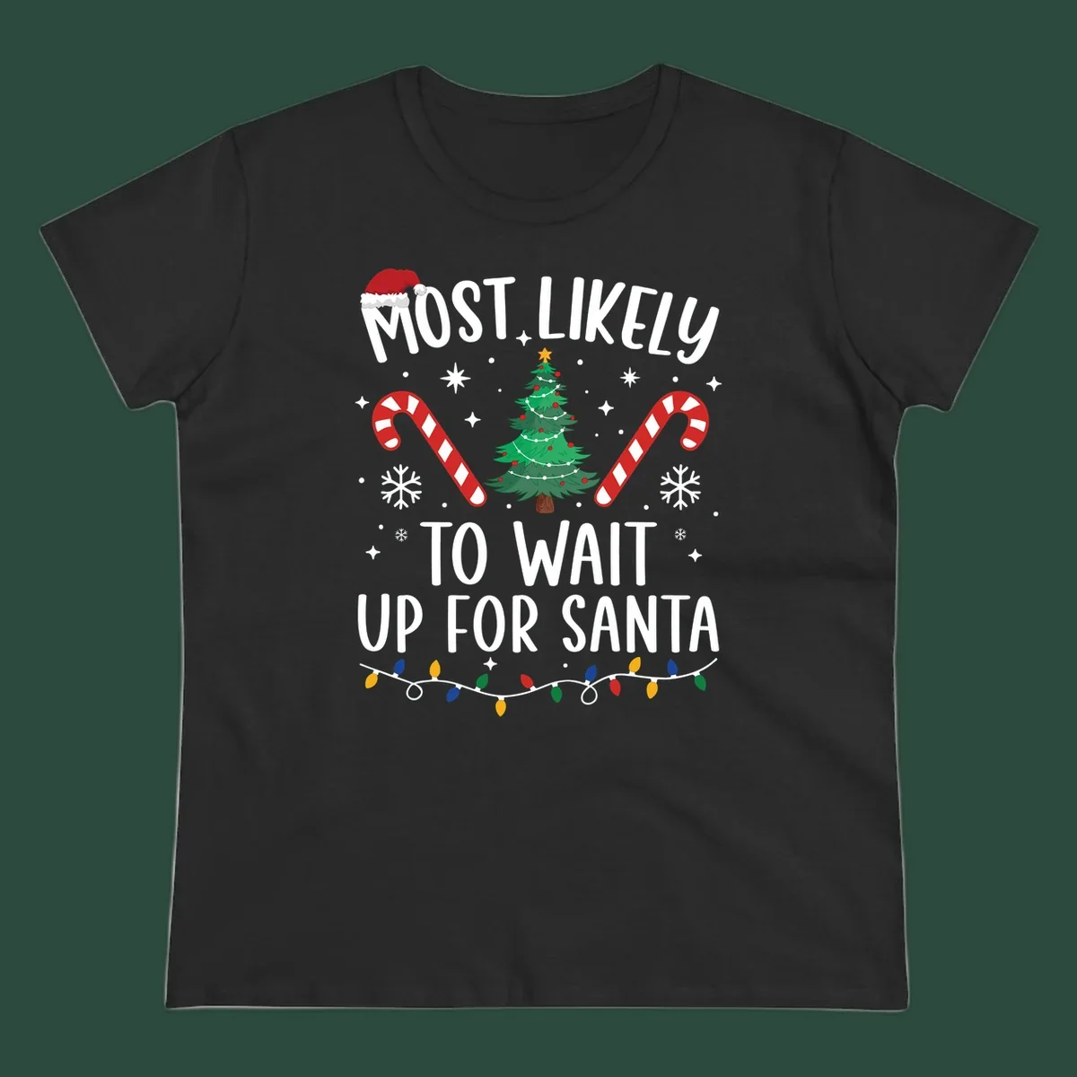Most Likely To Wait For Santa text with Christmas graphics like tree, candy canes, and Santa hat.