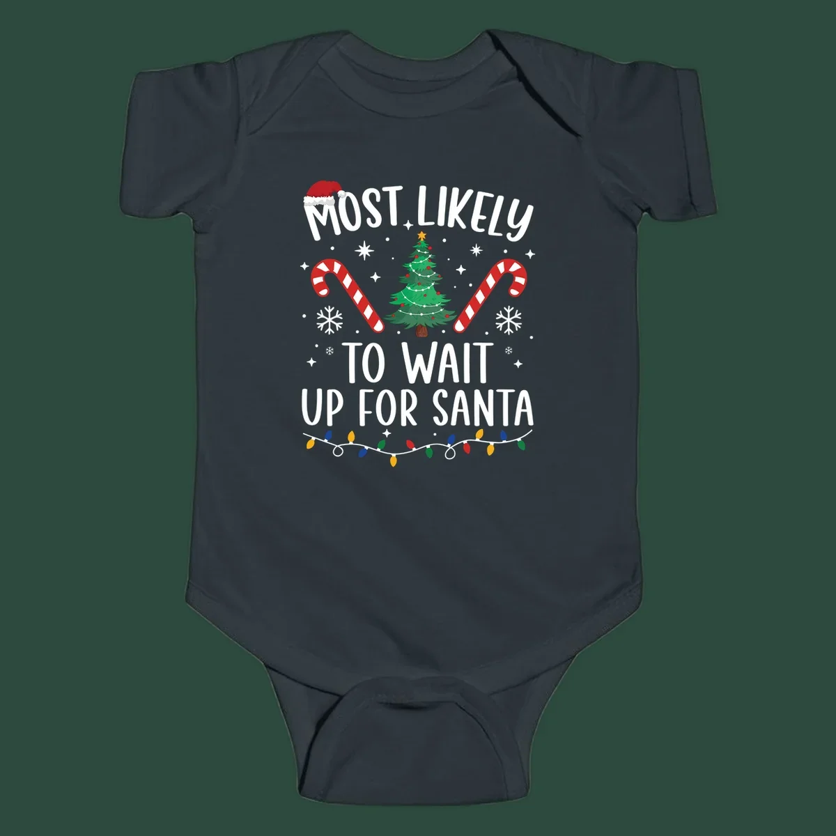 Most Likely To Wait For Santa text with Christmas graphics like tree, candy canes, and Santa hat.