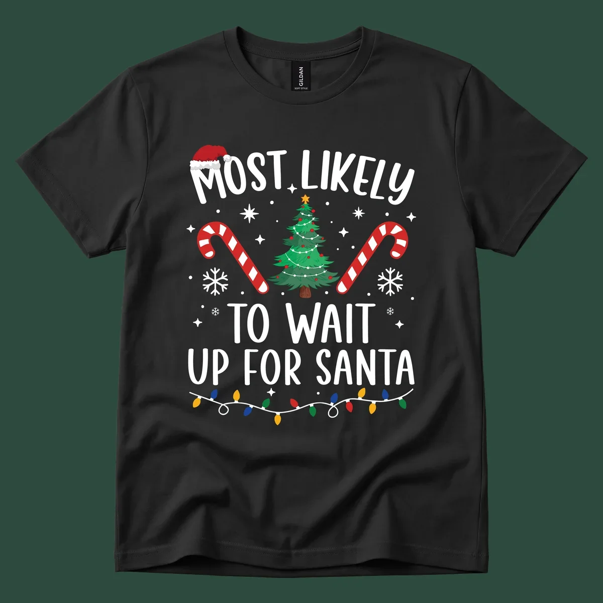 Most Likely To Wait For Santa text with Christmas graphics like tree, candy canes, and Santa hat.