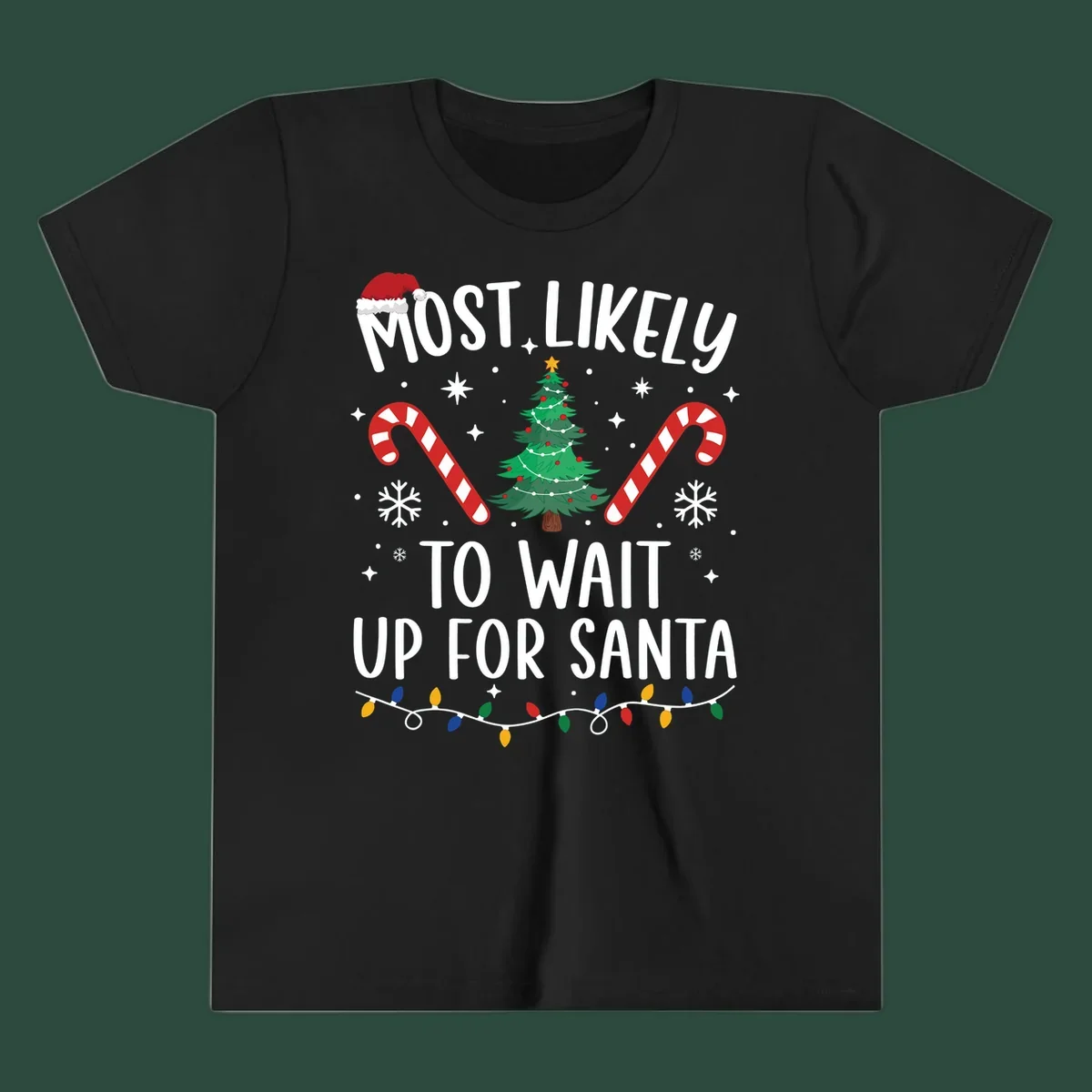 Most Likely To Wait For Santa text with Christmas graphics like tree, candy canes, and Santa hat.